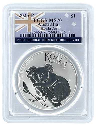 2025年 オーストラリア 1オンス シルバー コアラ PCGS MS70 - 国旗ラベル