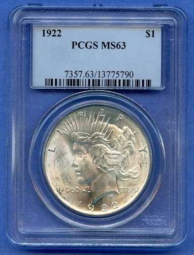1922 P PCGS MS63 ピースシルバードル $1 米国造幣局 1922-P MS-63 ブラストホワイト OBH