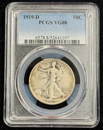 1919 D 50C ウォーキング・リバティ・ハーフダラー PCGS VG 08、低鋳造枚数