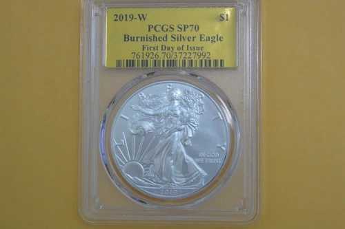2019-W $1 1オンス バーニッシュド シルバー イーグル SP70 PCGS 発行初日(FDI) ゴールドフォイル