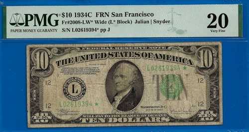1934C 10ドル連邦準備銀行券 PMG 20 サンフランシスコスター Fr 2008-LW 50,820円