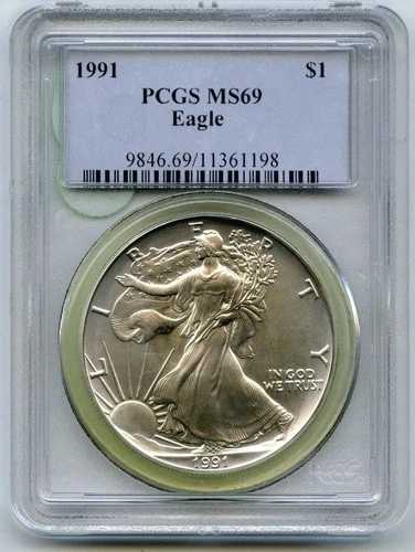 1991年 アメリカンイーグル 1オンス シルバードル PCGS MS 69 認定オンス地金 - P614