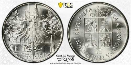 1992年 チェコスロバキア 100コルン ブルノ・モラヴィア博物館蔵 銀貨 PCGS MS69