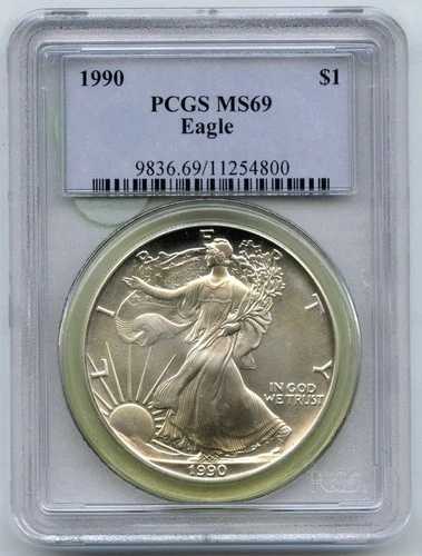 1990年 アメリカンイーグル 1オンス シルバードル PCGS MS 69 認定オンス地金 - P613