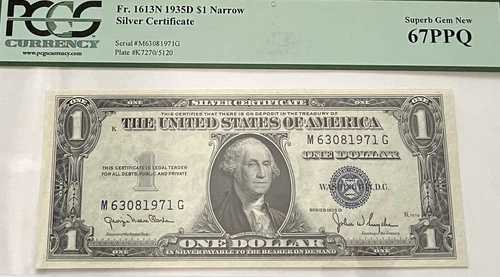 1935-D 1ドル銀券 ナローMGブロック Fr. 1613N PCGS 67 スーパージェム Unc PPQ