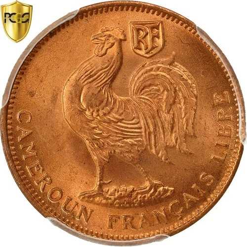 コイン、カメルーン、50 サンタイム、1943 年、プレトリア、PCGS、MS65+RD、FDC、ブロンズ-