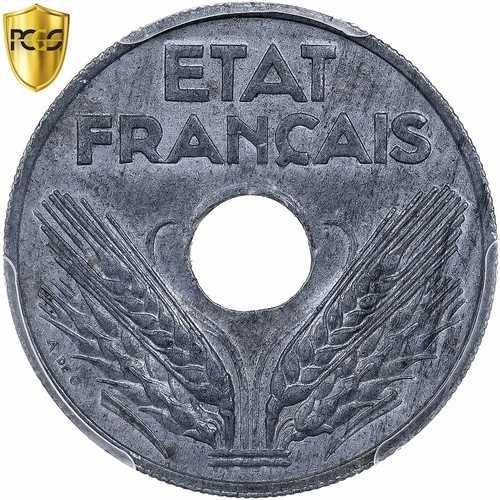 フランス国貨、20サンチーム、1944年、パリ、亜鉛、PCGS、MS62、ガドゥリー:321-
