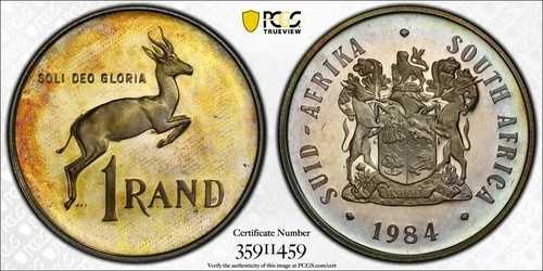 1984年南アフリカ1ランド銀貨プルーフPCGS PR66DCAM 美しい色調