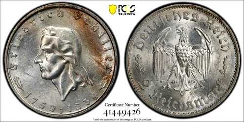 2 Reichsmark 1934 F シュトゥットガルト フリードリヒ シラー ドイツ第三帝国 MS61 PCGS !