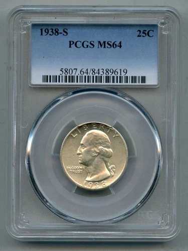 1938年 Sワシントン銀貨 25セント硬貨 PCGS MS 64
