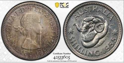 1955年 オーストラリア プルーフ シリング PCGS グレード PR64