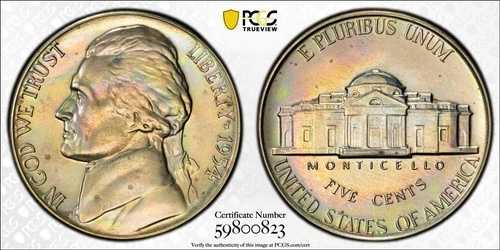 1954年 ジェファーソン・ニッケル PCGS PR65 レインボートーン プルーフ カラフルトーン トゥルービュー