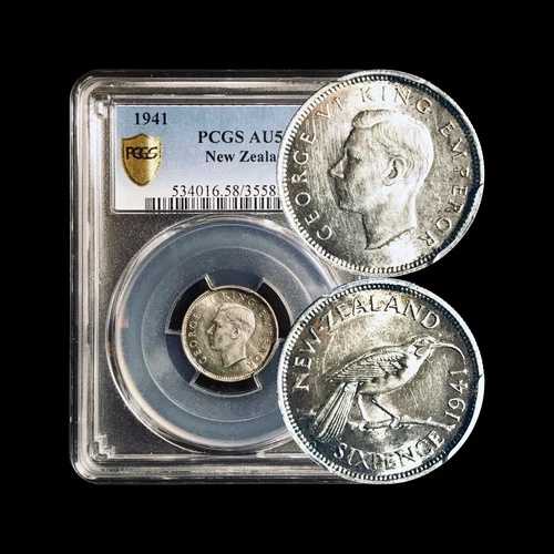 ニュージーランド。1941年、6ペンス、銀貨 - PCGS AU58 - KEY日付、KGVI、希少、キウイ