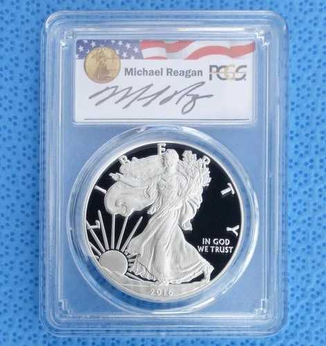 2016 W PCGS PR 70 D-Cam レタードエッジ シルバーイーグル、WP ミントホード、レーガンラベル