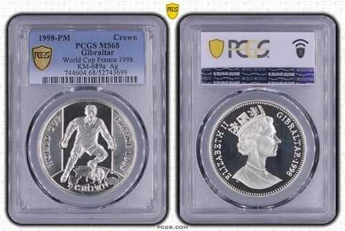 ジブラルタル シルバー 1クラウンプルーフコイン 1998 KM#689a FIFAワールドカップ フランス PCGS PR68