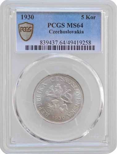 チェコスロバキア 5コルナ 1930年、PCGS MS64、「第一共和国(1919 - 1938)」トップ3/0