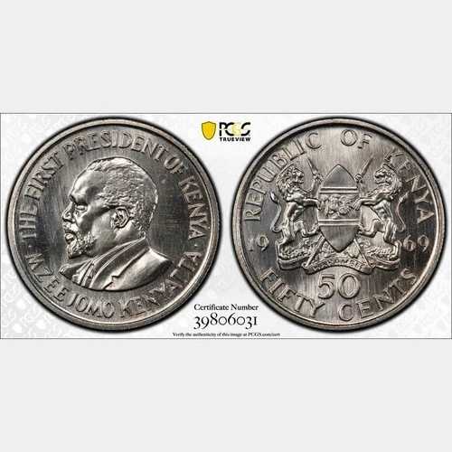 1969年ケニア50セント。PCGS SP 68。KM-13