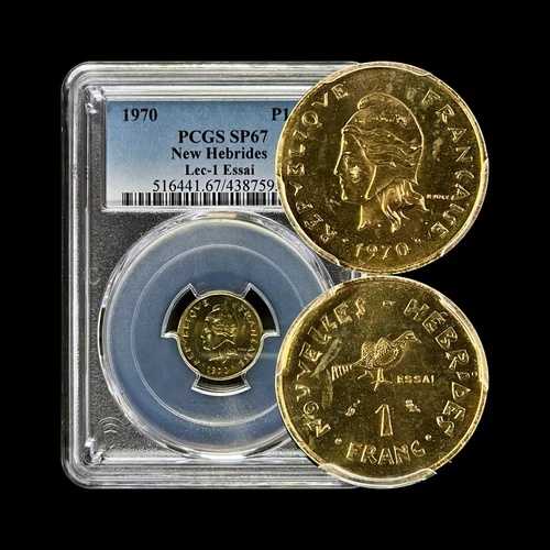 新しいヘブリディーズ諸島。 1970年、1フラン - PCGS SP67 - フリゲートバード、バヌアツ、エッサイ、マリアンヌ