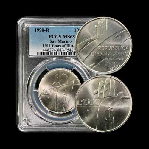 サンマリノ。1990年、1000リラ、銀貨 - PCGS MS68 - トップポップ?? 1600年の歴史