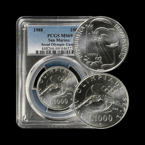サンマリノ。1988年、1000リラ、シルバー - PCGS MS69 - トップポップ?? ソウルオリンピックダイバー