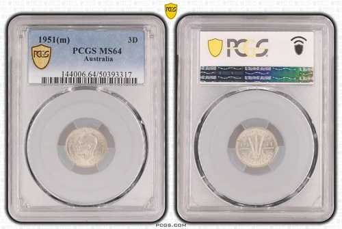 1951年 (m) オーストラリア ジョージ6世 スリーペンス - ?? PCGS MS64 ?? (50% シルバー)