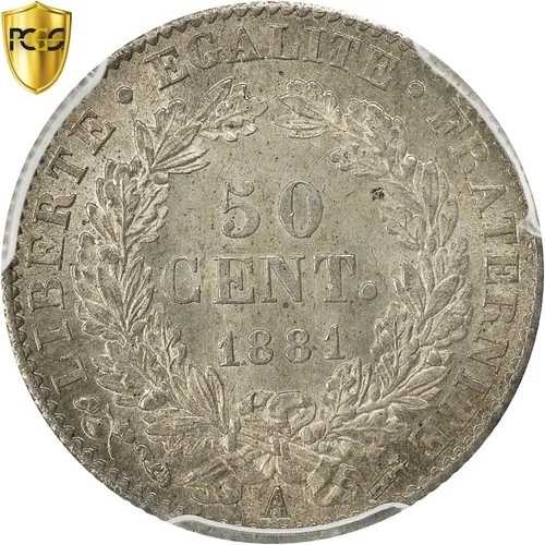 [#481915] コイン、フランス、セレ、50 サンタイム、1881、パリ、PCGS、MS64、MS(64)、シル