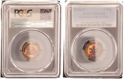 西ドイツ 2 ペニヒ 1950 D プルーフコイン PCGS PR64RB 103376-