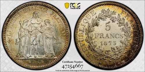 5 フラン 1873 A パリ リバティ イクオリティ エルキュール 第三共和政 フランス MS63 PCGS!!