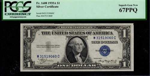 1ドル 1935-A シルバー証明書、1608年 M-C ブロック PCGS スーパーブジェム 67PPQ