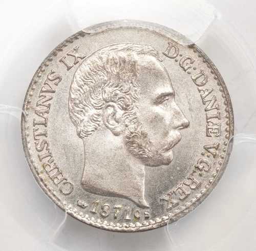 1871年、デンマーク、クリスチャン9世。素晴らしい4スキリング銀貨。ポップ3/2！PCGS MS-65！
