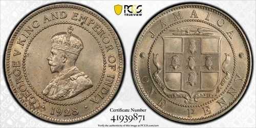 ジャマイカ 1ペニー UNC コイン 1928年 KM#26 グレーディング PCGS MS64 ジョージ5世