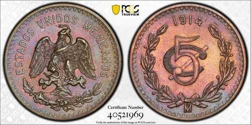 1914年メキシコ5センタボ、PCGS「クリーニング済み-UNC詳細」、美しい色調、良好な打刻