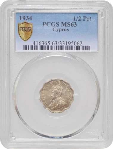 キプロス 1/2ピアストル 1934年、PCGS MS63、「国王ジョージ5世（1911年 - 1936年）」