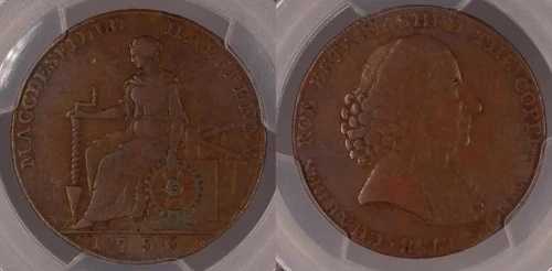 イギリス 1790年 タカ 1/2D ハーフペニー チェシャー マックレスフィールド DH-26 PCGS XF40BN