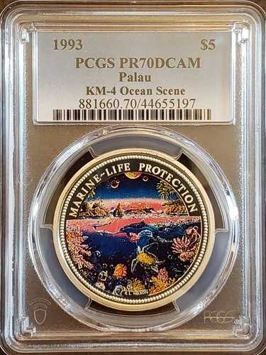 1993年 パラオ オーシャンシーン KM-4 海洋生物保護 5ドル プルーフ PCGS PR70DCAM