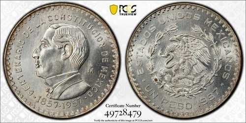 1957-Mo メキシコ ペソ センテナリオ デ ラ コンスティトゥシオン PCGS MS66