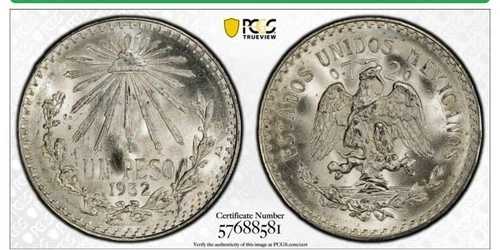 1932年 メキシコ 国連ペソ銀貨 PCGS MS66