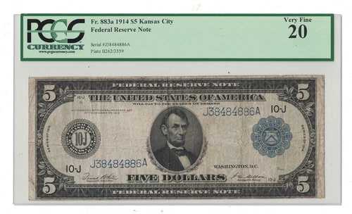 米国 - 1914年シリーズ 5.00ドル連邦準備銀行券（PCGS Very Fine 20）