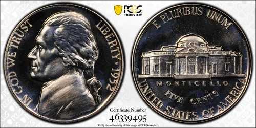 1952年 5セント プルーフ ジェファーソン ニッケル PCGS PR 67 - 再彫刻された表面デザイン