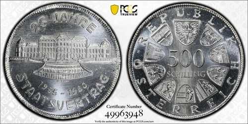 1980年オーストリア、500シリングウィーン条約 - PCGS MS66
