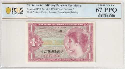 米軍納付証明書 $1 シリーズ 641 SUPERB GEM UNC PCGS 67 PPQ
