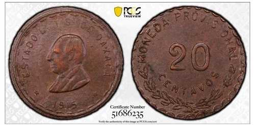 1915年 メキシコ オアハカ 20センタボ銅貨 PCGS AU58