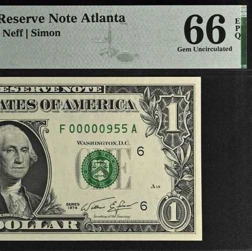 1974年 $1 アトランタ FRN PMG 66EPQ ジェム 3桁 ロー シリアルナンバー 00000955