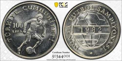 1982年 トルコ 100リラ フットボール サッカー 銅ニッケル貨幣 Km# 951 PCGS MS67