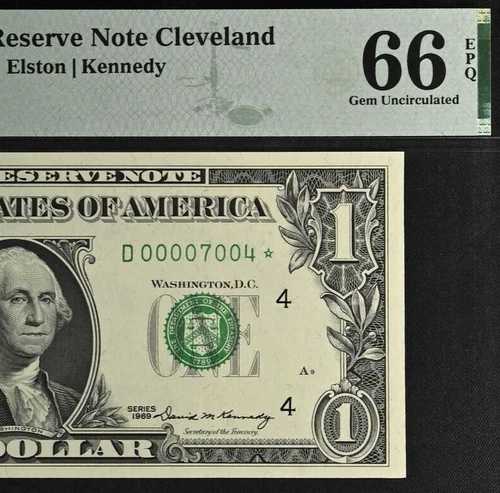 1969年 $1 FRN クリーブランド スター PMG 66EPQ バースデー ロー シリアルナンバー スター 00007004*