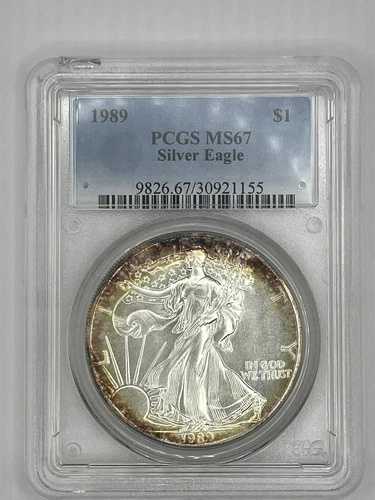 1989年 アメリカンイーグル 1オンス シルバードル PCGS MS67 トーニング加工 - 1155