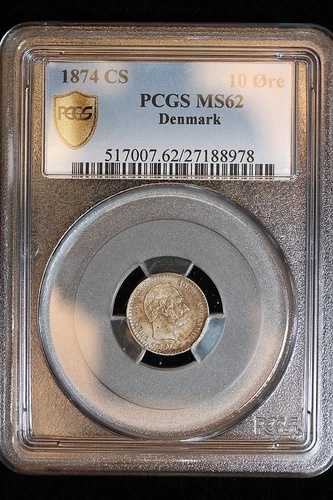 1874年 CS. デンマーク。10鉱石。PCGSグレード MS-62