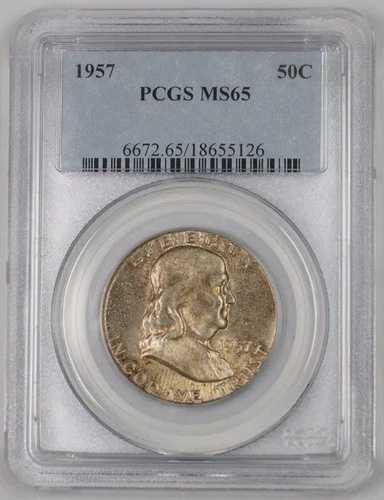 1957年 フランクリンシルバー ハーフドル 50セントコイン PCGS MS-65 ジェムトーン 1B