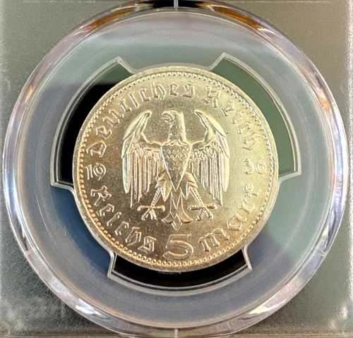 第二次世界大戦時代のドイツ 1936-D 5 ライヒスマルク銀貨 PCGS MS61 第三帝国