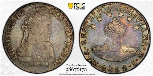 1833 PTS LM ボリビア 8ソル PCGS XF 詳細グレード銀貨 53,460円